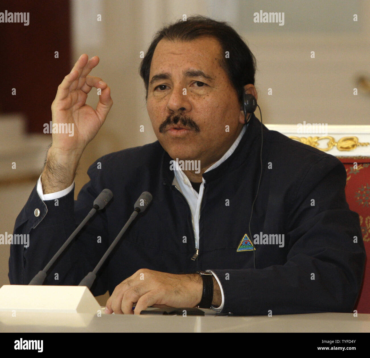 Nicaraguan President Daniel Ortega speaks during a meeting with Russian President Dmitry Medvedev in the Kremlin in Moscow on December 18, 2008. Nicaragua was a close ally of Moscow in the 1980s under Daniel Ortega, a leftist who returned to power in 2006. (UPI Photo/Anatoli Zhdanov) Stock Photo