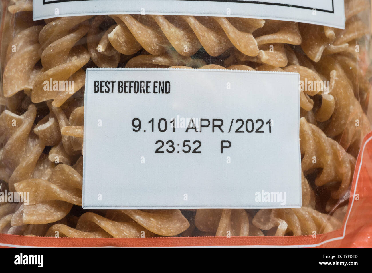 Pasta in a plastic bag showing Best Before End date. UK Stock Photo