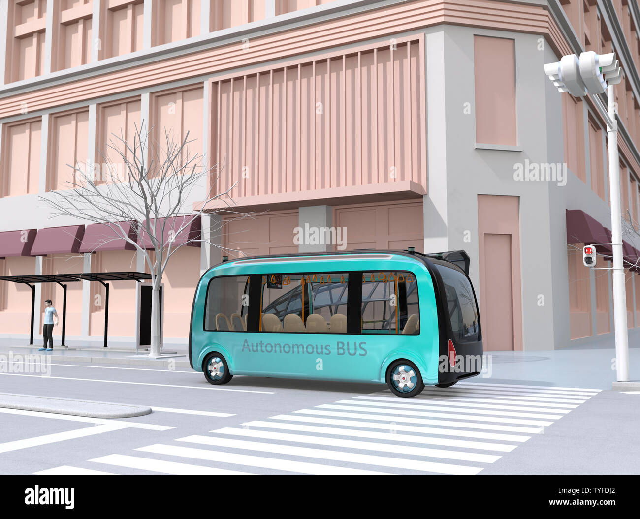 Self-driving shuttle bus is driving through an intersection. 3D rendering image. Stock Photo