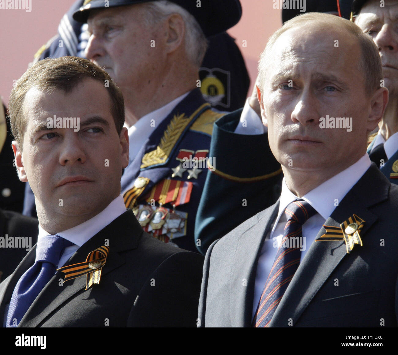 Russian President Dmitry Medvedev (L) and Prime Minister Vladimir Putin attend  the Victory Day military parade in Red Square in Moscow on May 9, 2009. Today Russia celebrates the 64th anniversary of the World War Two victory over Nazi Germany. (UPI Photo/Anatoli Zhdanov) Stock Photo