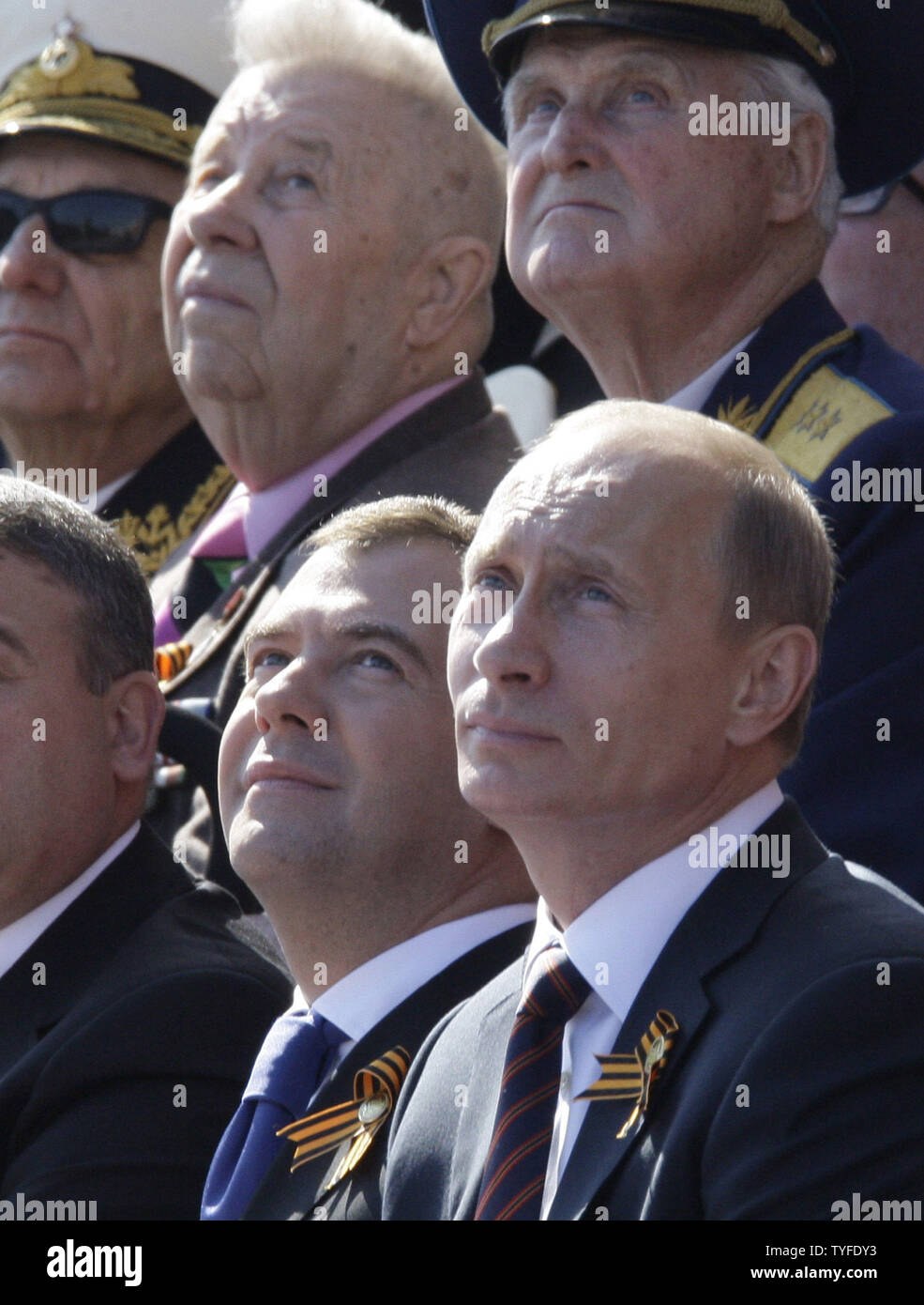 Russian President Dmitry Medvedev (L) and Prime Minister Vladimir Putin attend  the Victory Day military parade in Red Square in Moscow on May 9, 2009. Today Russia celebrates the 64th anniversary of the World War Two victory over Nazi Germany. (UPI Photo/Anatoli Zhdanov) Stock Photo