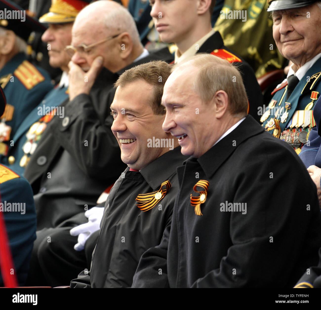 Russian President Dmitry Medvedev (L)and Prime Minister Vladimir Putin attend a military parade in Red Square on the Victory Day in Moscow on May 09, 2011. Today Russia celebrates the 66th anniversary of victory over Nazi Germany. UPI Photo/Stringer. Stock Photo