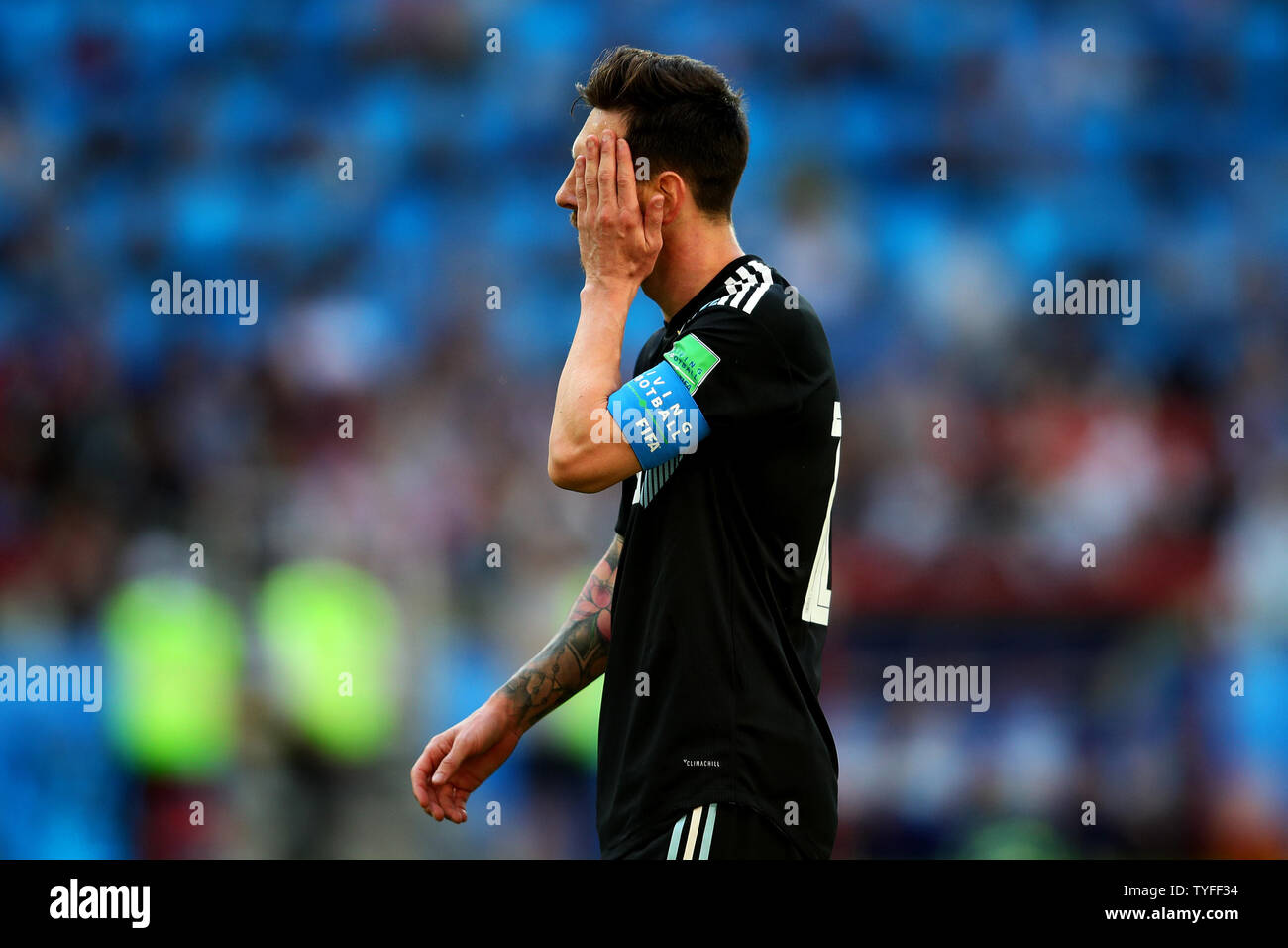 Lionel Messi of Argentina reacts during the 2018 FIFA World Cup Group D match at Spartak Stadium in Moscow, Russia on June 16, 2018. Photo by Chris Brunskill/UPI Stock Photo