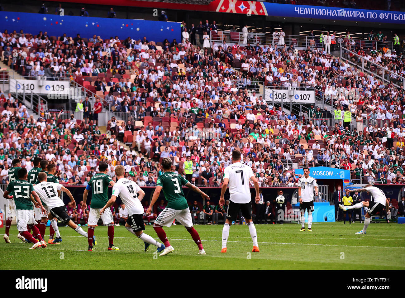 Toni Kroos of Germany shoots at goal during the 2018 FIFA World Cup Group F match at the Luzhniki Stadium in Moscow, Russia on June 17, 2018. Photo by Chris Brunskill/UPI Stock Photo