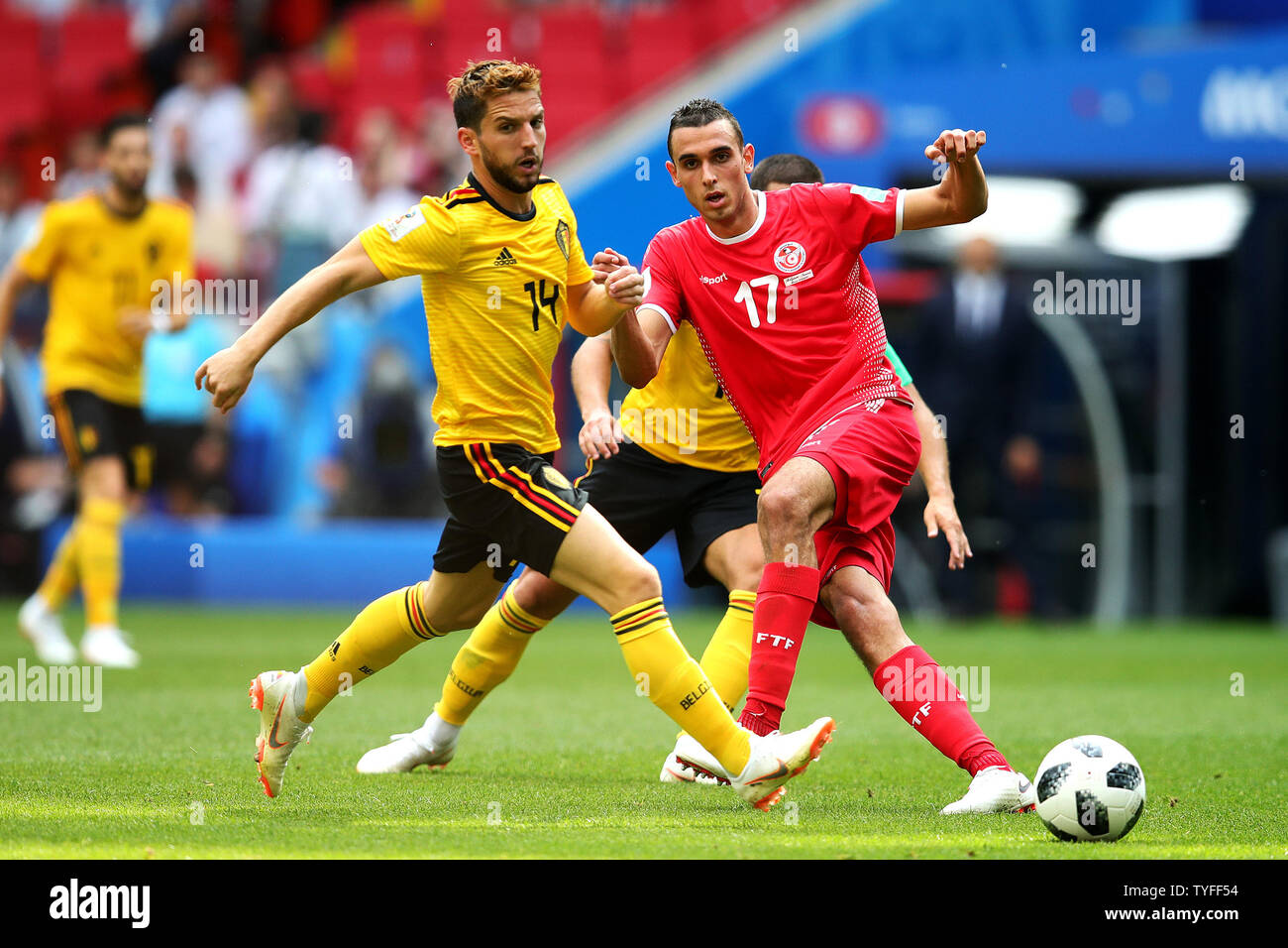 Dries Mertens of Belgium (L) in action with Ellyes Skhiri of Tunisia during the 2018 FIFA World Cup Group G match at the Spartak Stadium in Moscow, Russia on June 23, 2018. Belgium defeated Tunisia 5-2.     Photo by Chris Brunskill/UPI Stock Photo
