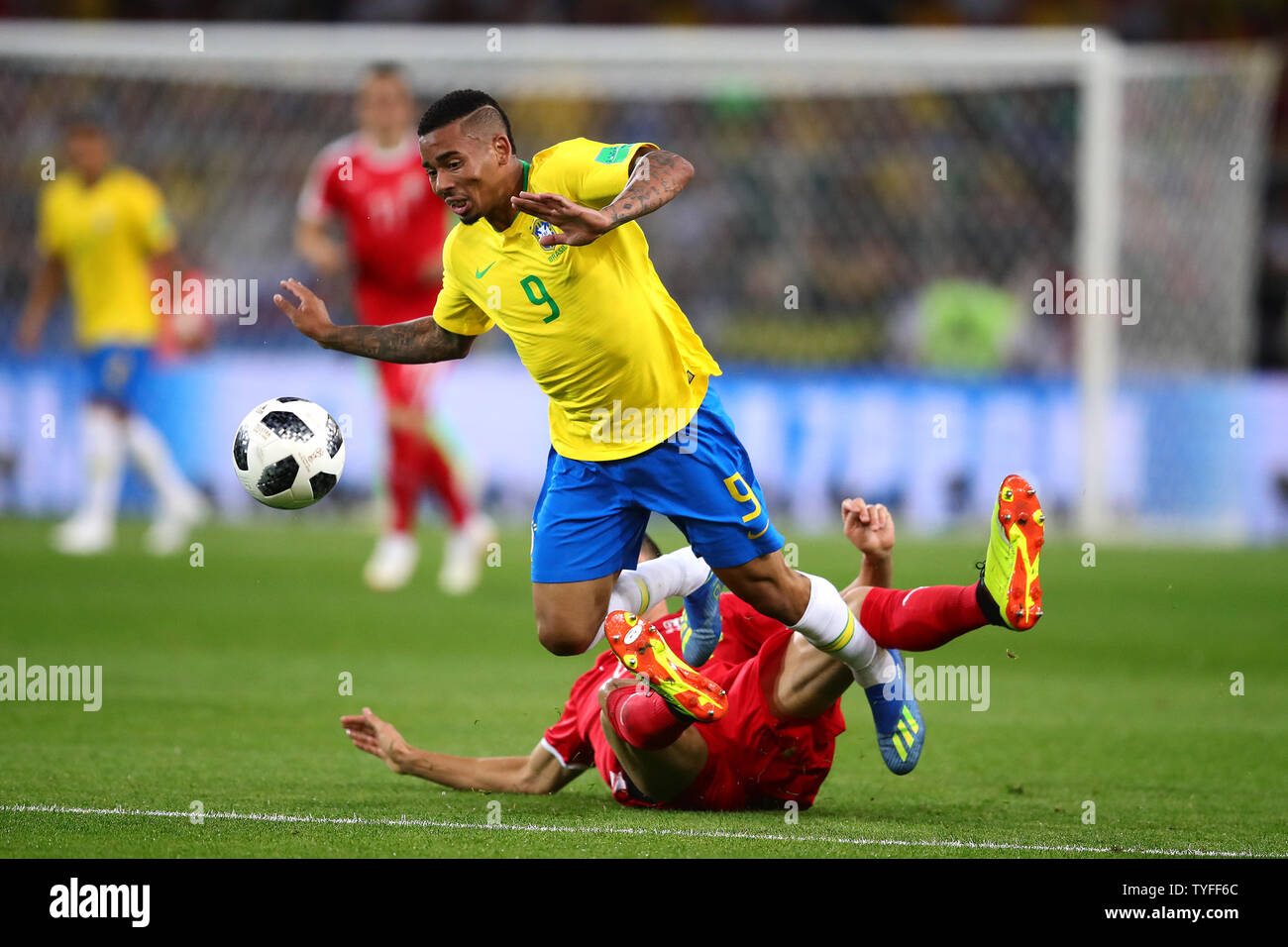 Gabriel Jesus (L) of Brazil is challenged by Nemanja Matic of Serbia during the 2018 FIFA World Cup Group E match at Spartak Stadium in Moscow, Russia on June 27, 2018. Brazil beat Serbia 2-0 to qualify for the round of 16. Photo by Chris Brunskill/UPI Stock Photo