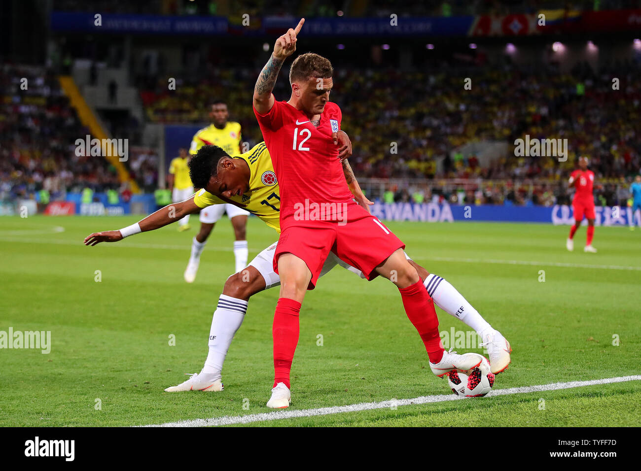 Kieran Trippier of England is challenged by Johan Mojica (L) of Colombia during the 2018 FIFA World Cup Round of 16 match at Spartak Stadium in Moscow, Russia on July 3, 2018. England beat Colombia 4-3 on penalties to qualify for the quarter-finals. Photo by Chris Brunskill/UPI Stock Photo