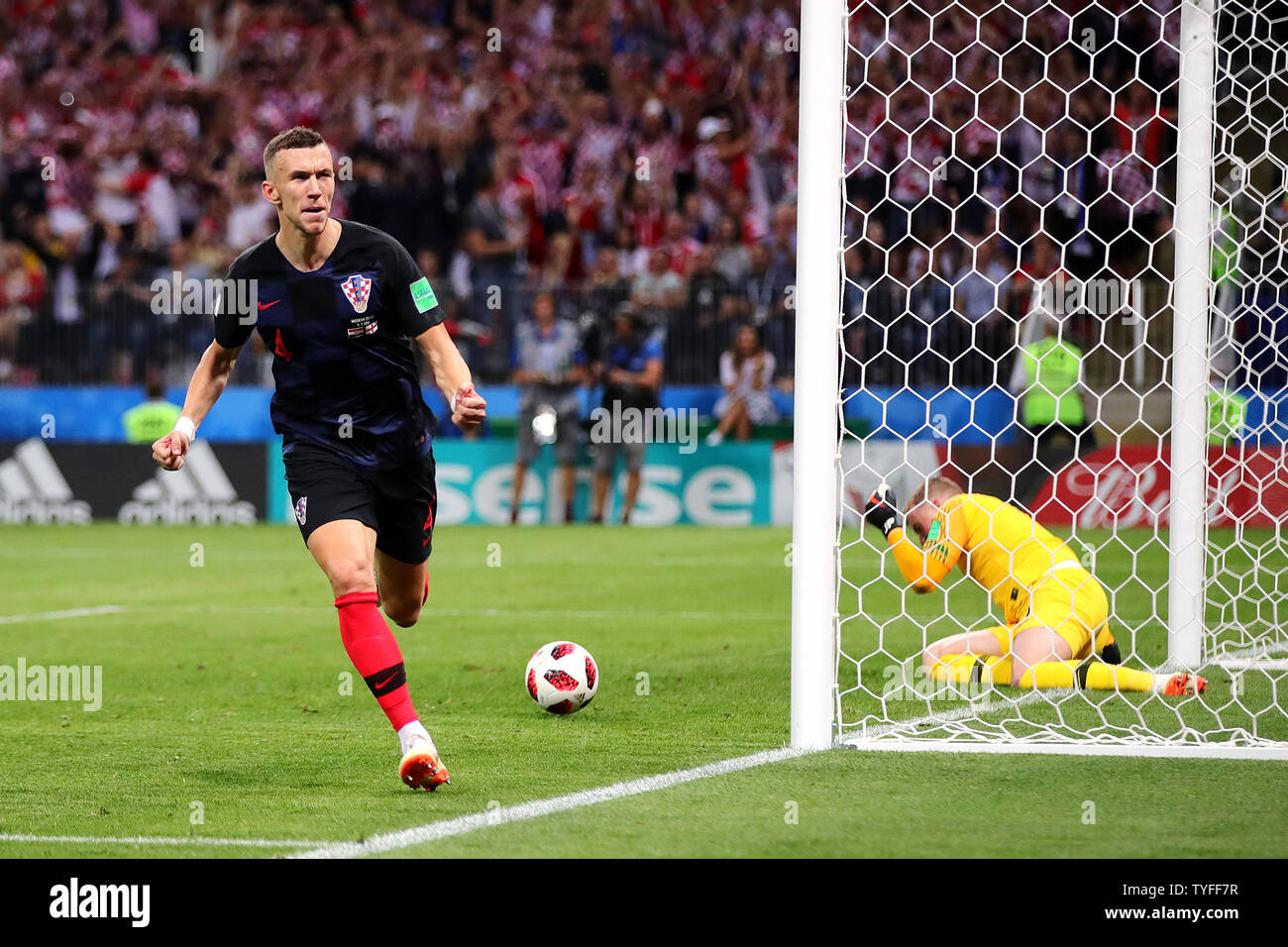 Ivan Perisic of Croatia celebrates scoring his side's first goal during the 2018 FIFA World Cup semi-final match at Luzhniki Stadium in Moscow, Russia on July 11, 2018. Croatia beat England 2-1 to qualify for the final. Photo by Chris Brunskill/UPI Stock Photo