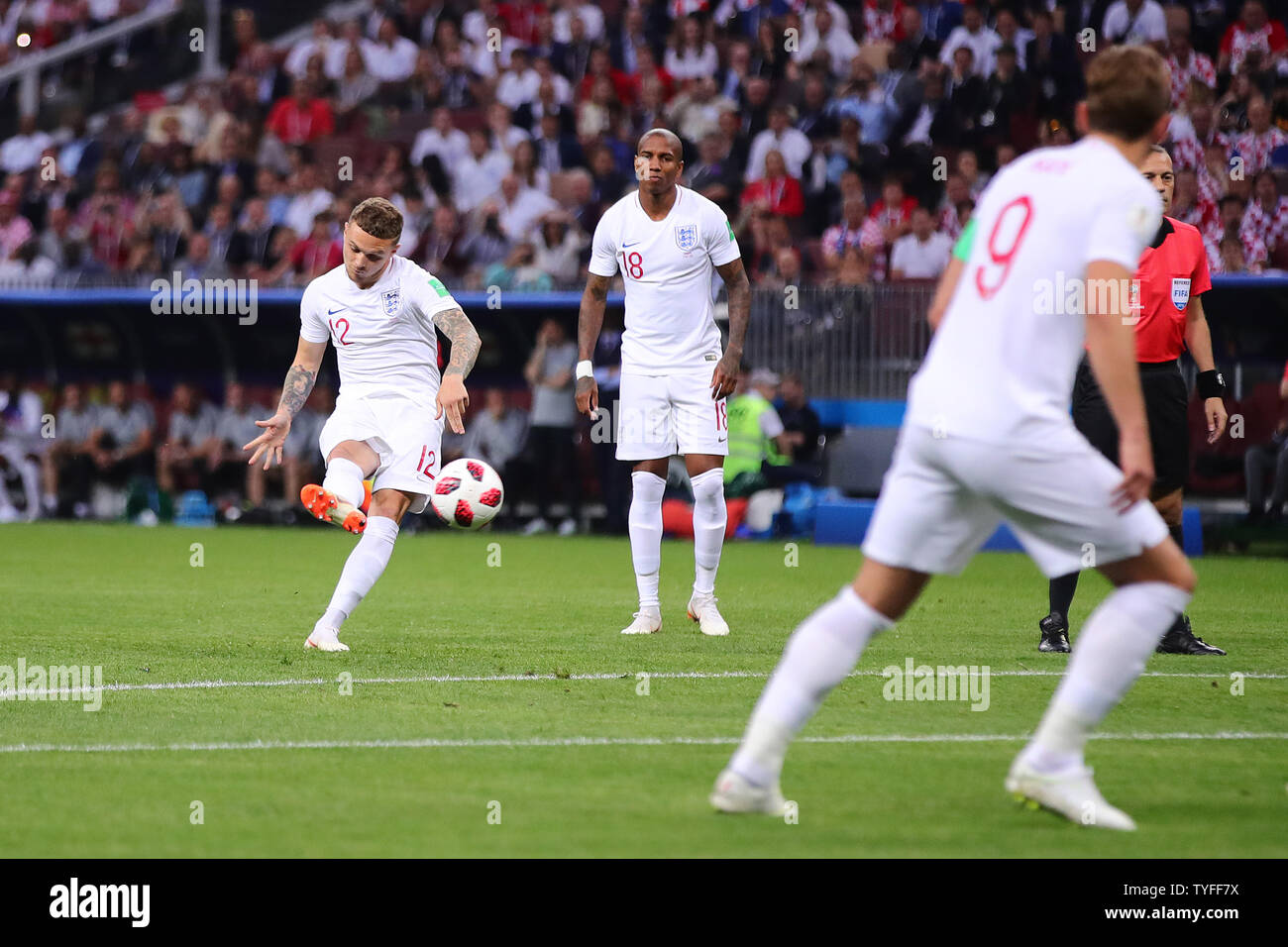 Kieran Trippier of England scores the opening goal during the 2018 FIFA World Cup semi-final match at Luzhniki Stadium in Moscow, Russia on July 11, 2018. Croatia beat England 2-1 to qualify for the final. Photo by Chris Brunskill/UPI Stock Photo