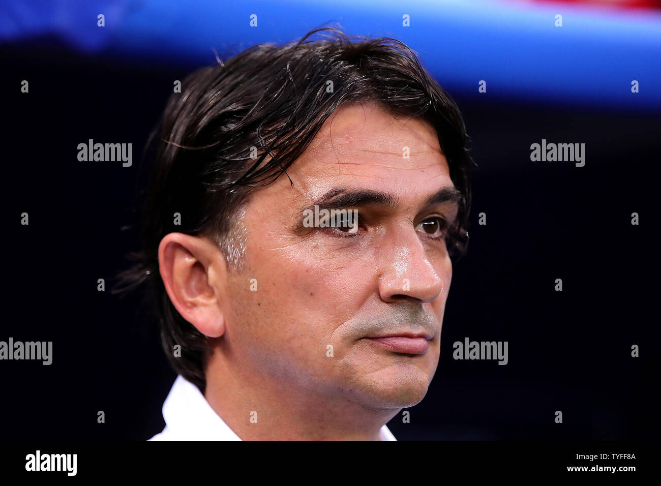 Croatia coach Zlatko Dalic looks on during the 2018 FIFA World Cup semi-final match at Luzhniki Stadium in Moscow, Russia on July 11, 2018. Croatia beat England 2-1 to qualify for the final. Photo by Chris Brunskill/UPI Stock Photo