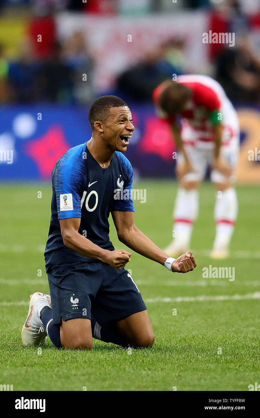Kylian Mbappe of France celebrates at full-time following the 2018 FIFA World Cup final match at Luzhniki Stadium in Moscow, Russia on July 15, 2018. France beat Croatia 4-2. Photo by Chris Brunskill/UPI Stock Photo