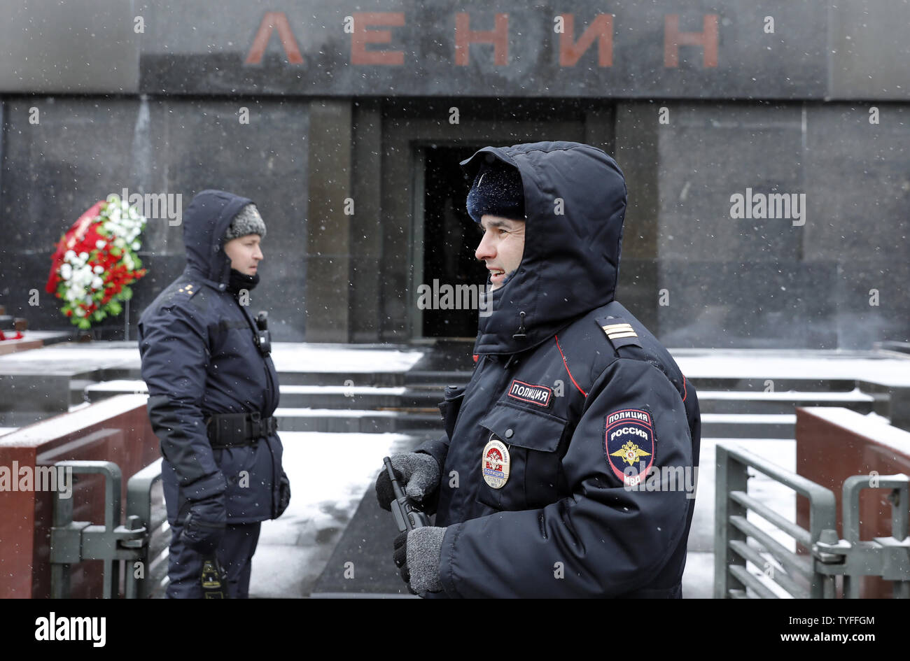 Police secure the entrance to the Mausoleum of Soviet state founder