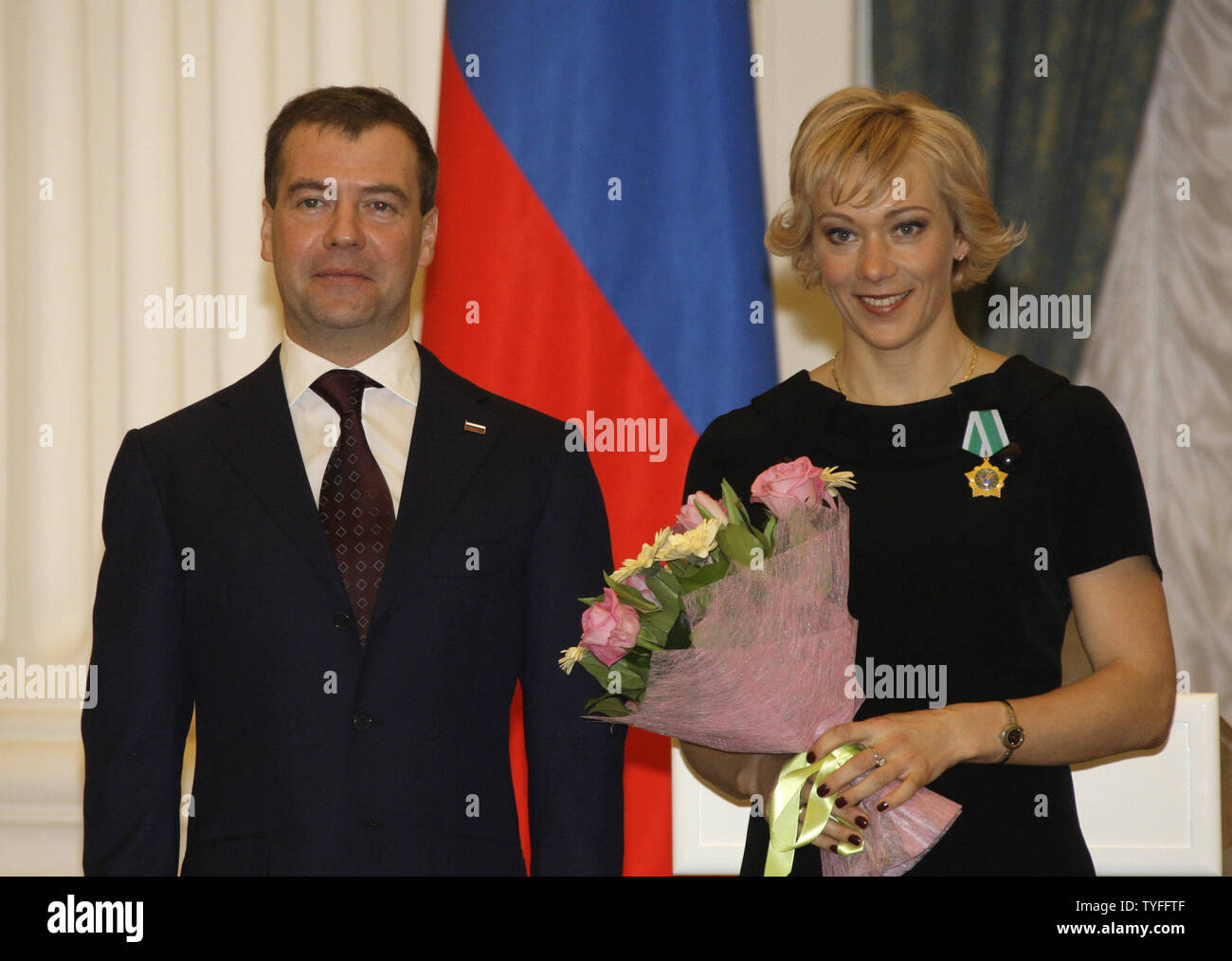 Russian President Dmitry Medvedev presents Order of Friendship to biathlete Olga Zaytseva in the Kremlin in Moscow on March 15, 2010. Zaytseva won gold and silver medals at the Winter Olympic Games in Vancouver. UPI/Alex Natin Stock Photo