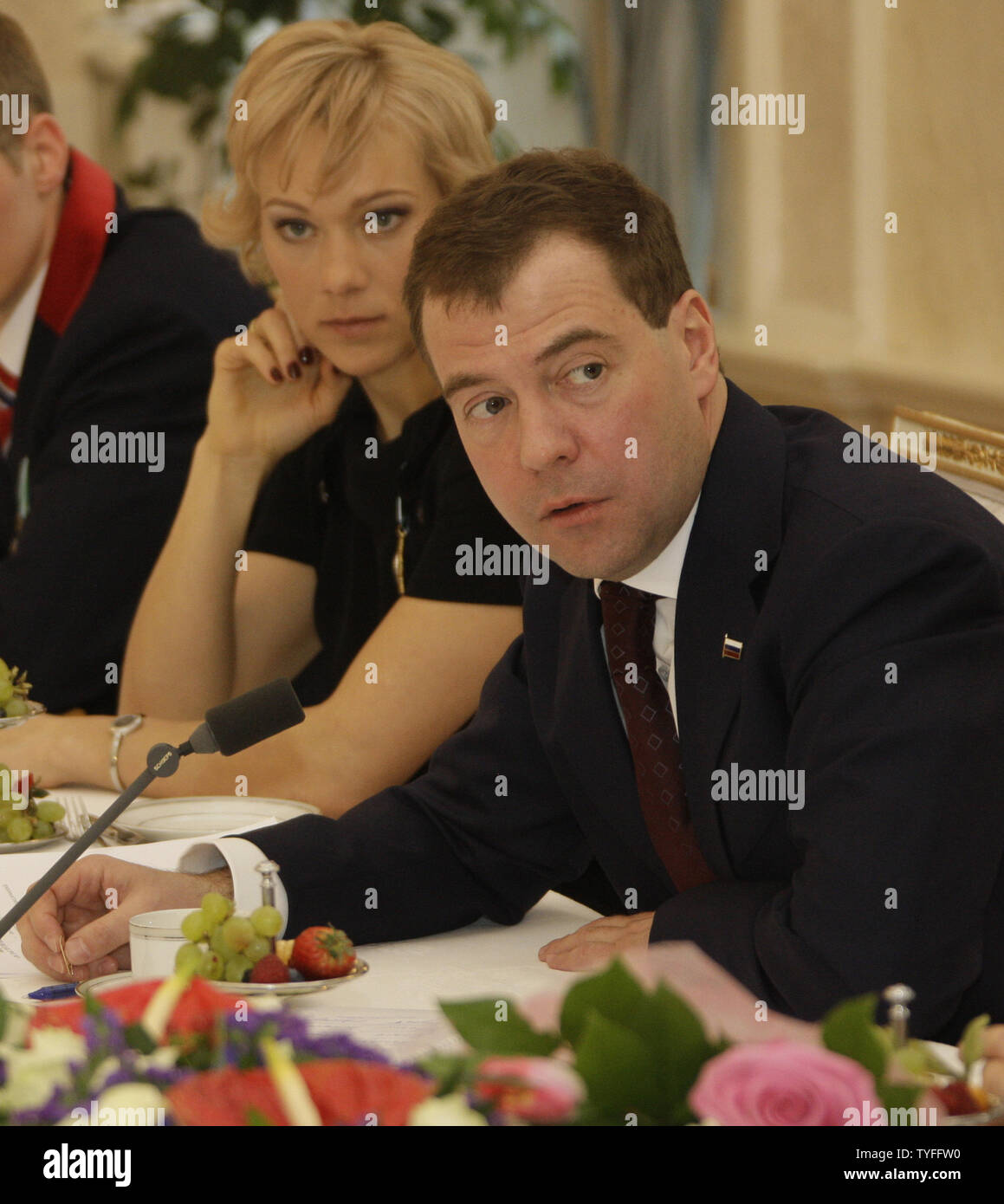 Russian President Dmitry Medvedev meets with national athletes who won medals at Winter Olympic Games in Vancouver during a reception in the Kremlin in Moscow on March 15, 2010. UPI/Alex Natin Stock Photo