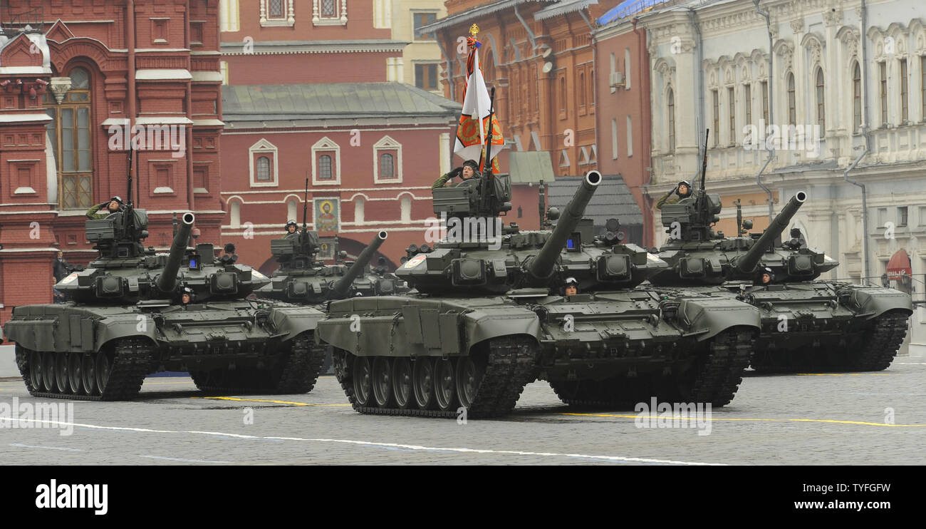 Russian T-90 tanks move along Red Square during the Victory Day parade in Moscow, on May 9, 2012. Today Russia celebrates the 67th anniversary of victory over Nazi Germany. UPI Stock Photo