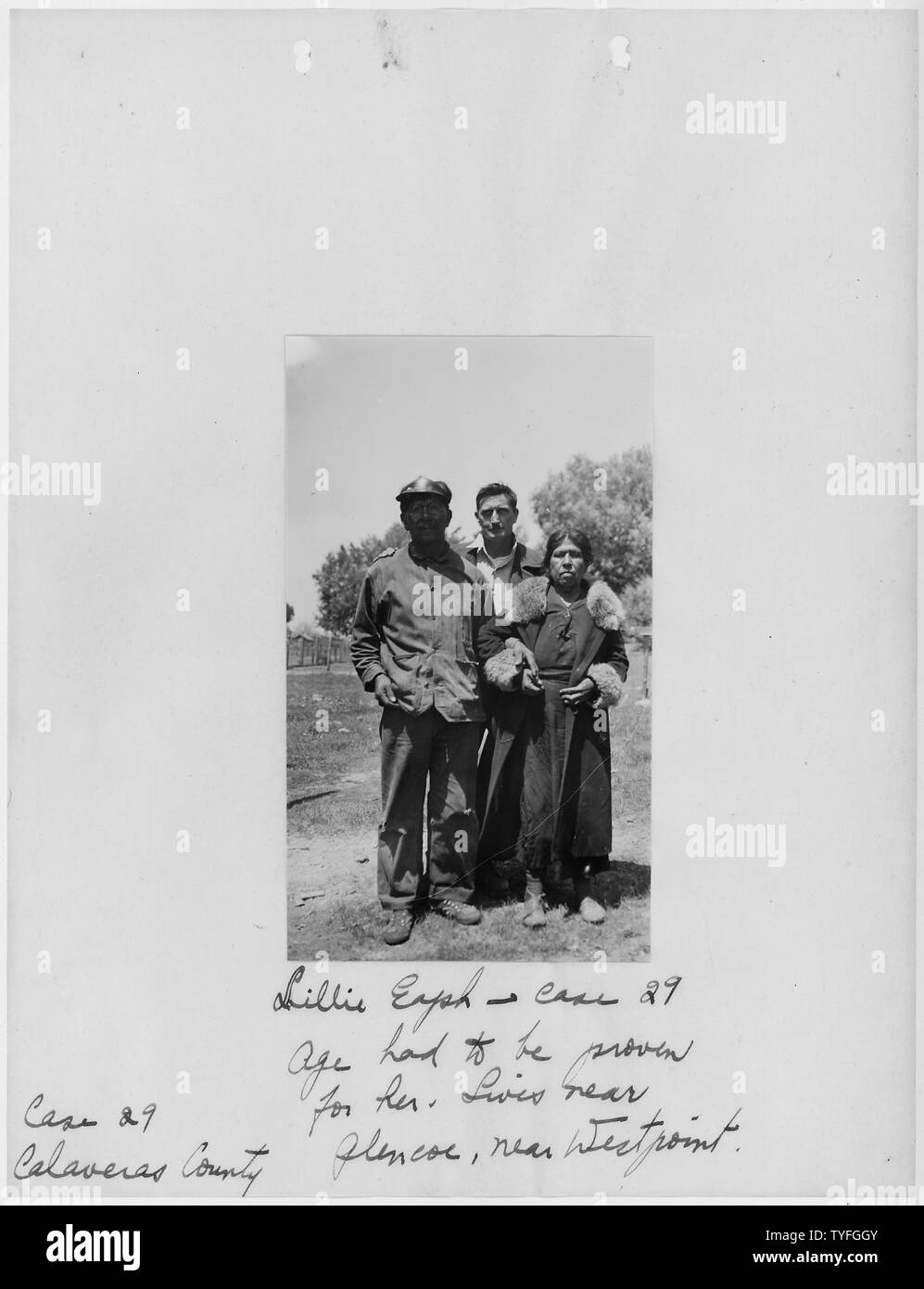 Photograph, with caption, of Lillie Eaph, Calaveras County, California,  from Old Age Security Survey, April 1 to June 30, 1937, Made by Mrs.  Richard Codman, Social Worker, Sacramento Indian Agency, Sacramento, Calif