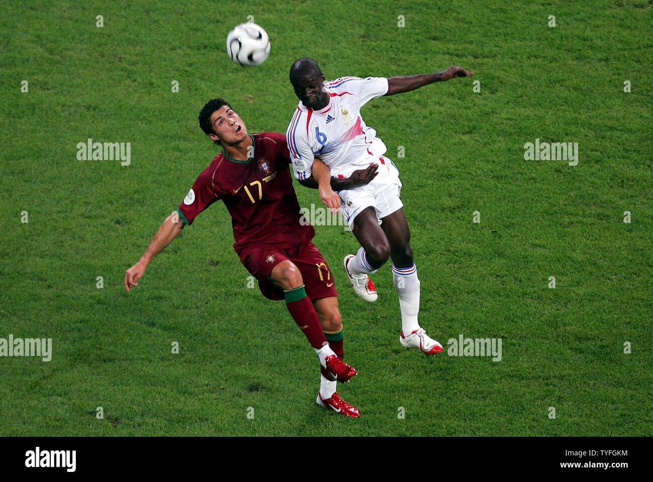 Portugal's Cristiano Ronaldo and France's Claude Makelele during the semi-final of the FIFA World Cup match in Munich Germany on July 5, 2006. France defeated Portugal 1:0.  (UPI  Photo/Christian Brunskill) Stock Photo