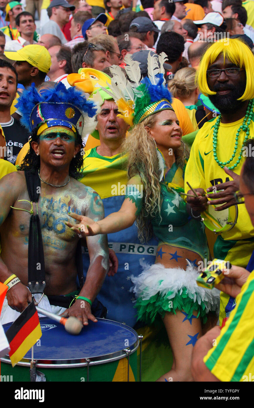 Fans from Brazil with drum in the World Cup soccer event in Munich, Germany on June 18, 2006