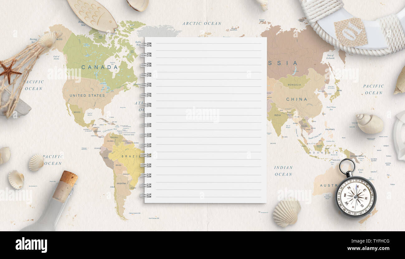 Clean note pad sheet mockup on world map surrounded with sea things. Concept of making a travel list. Stock Photo