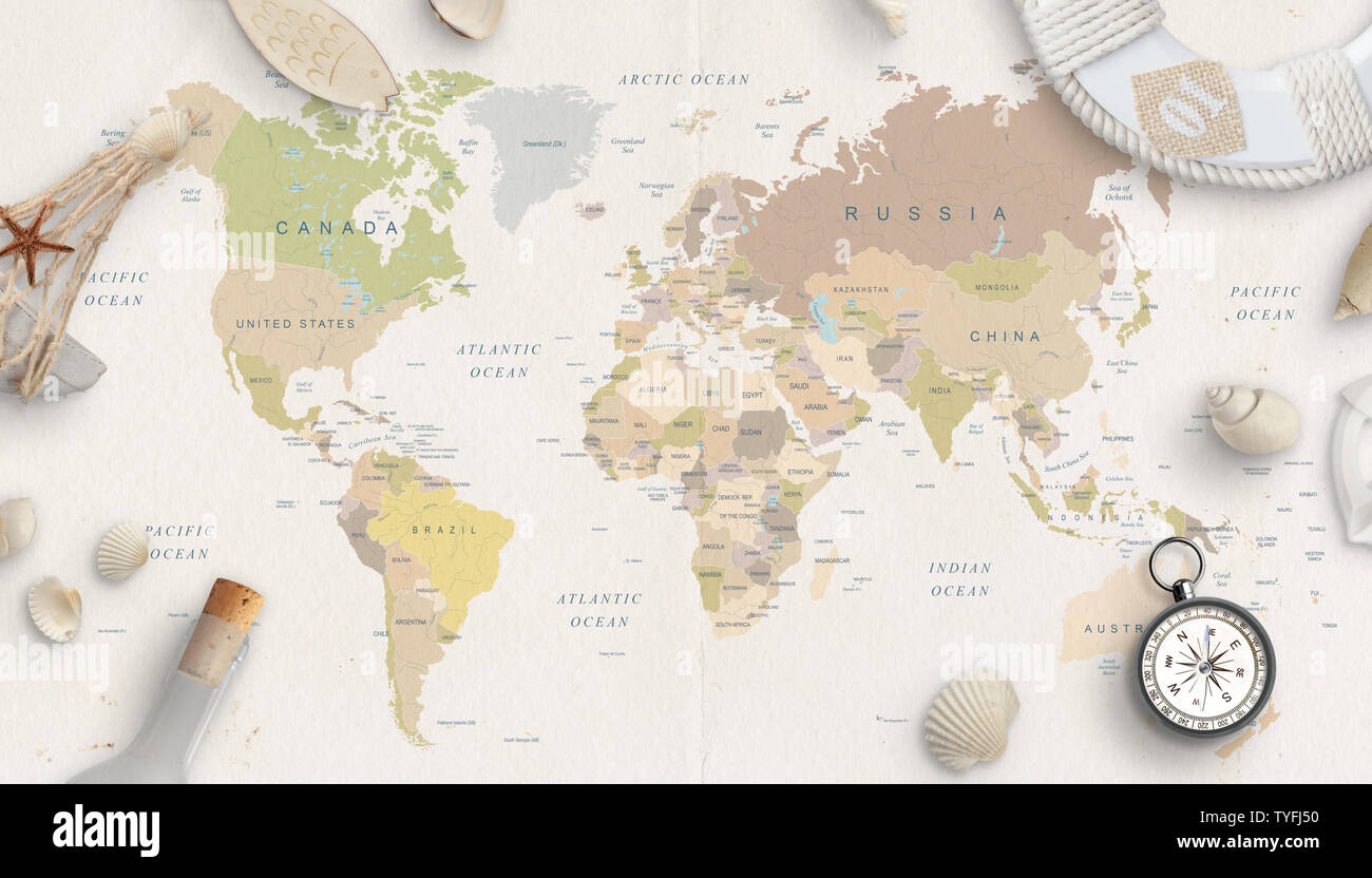 Sea, travel things on world map conposition. Copy space in the middle. Top view, flat lay. Stock Photo
