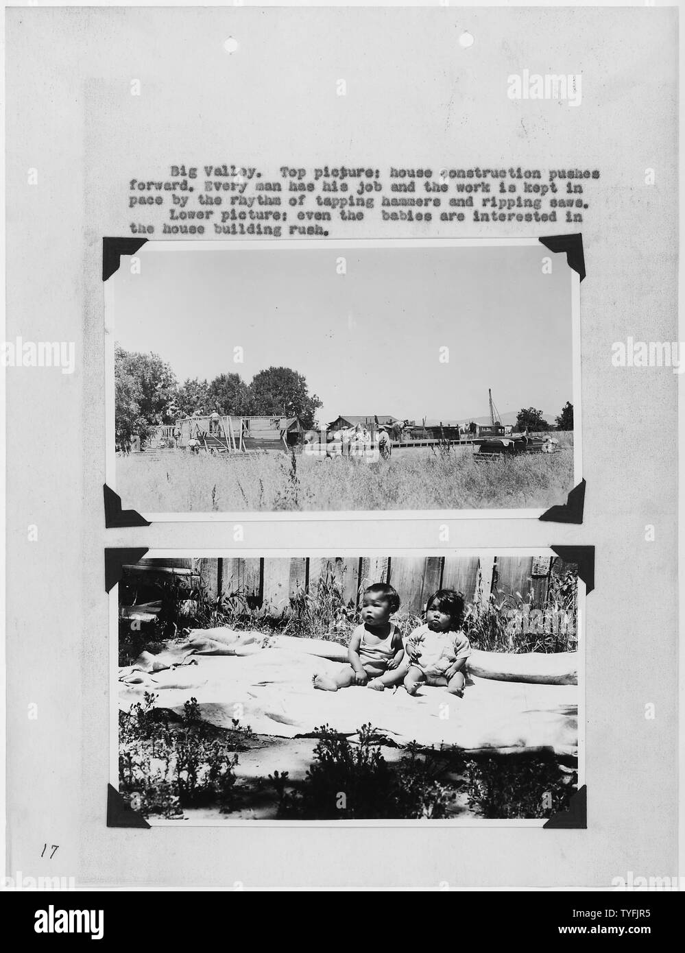 Photographs, with captions, of house construction and babies at Big