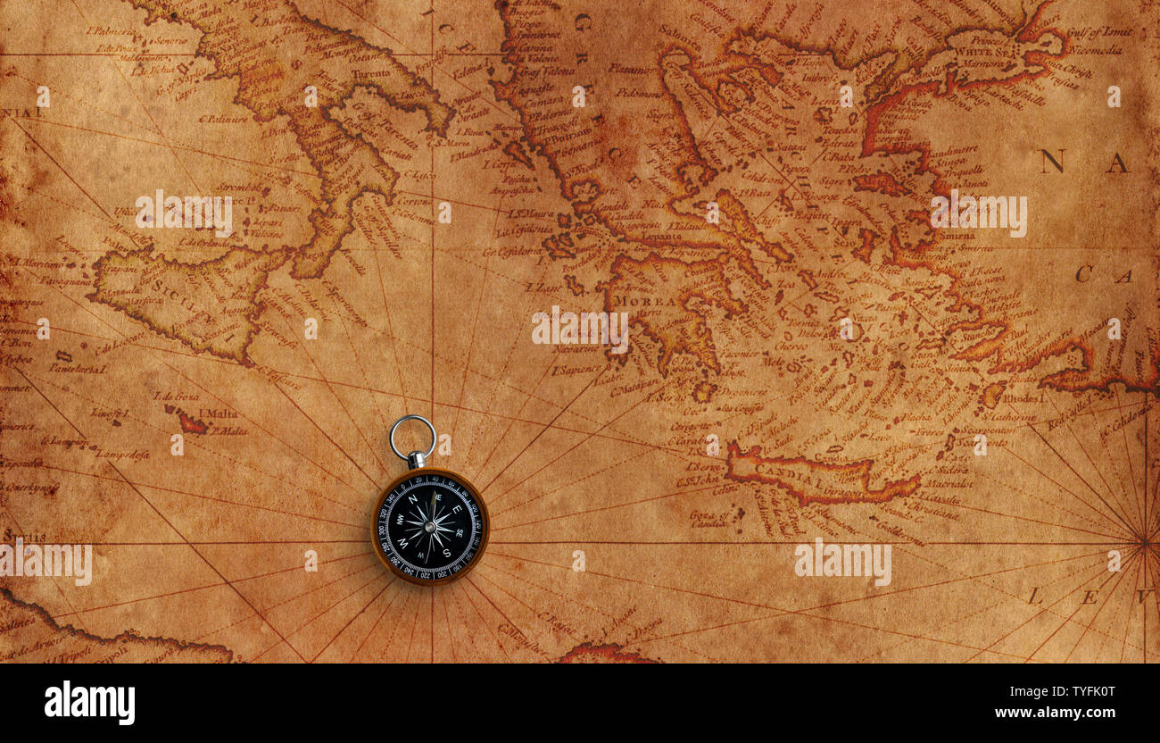 Old marine map of mediterranean sea with small compass. Stock Photo