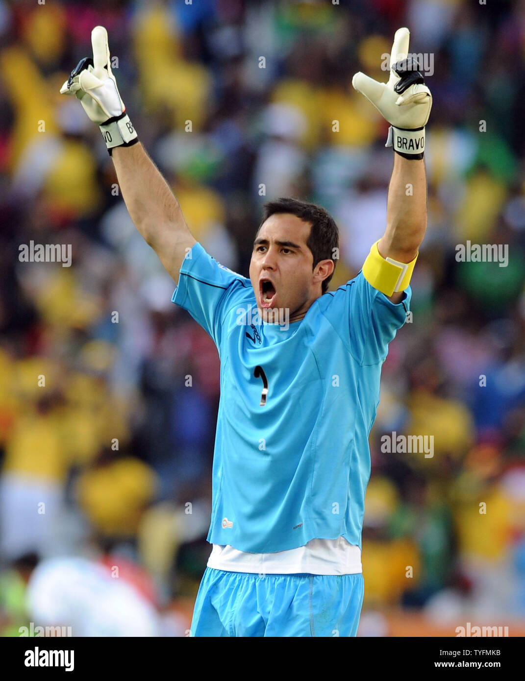 Claudio Bravo of Chile celebrates his side's opening goal during the Group H match at the Mbombela Stadium in Nelspruit, South Africa on June 16, 2010. UPI/Chris Brunskill Stock Photo