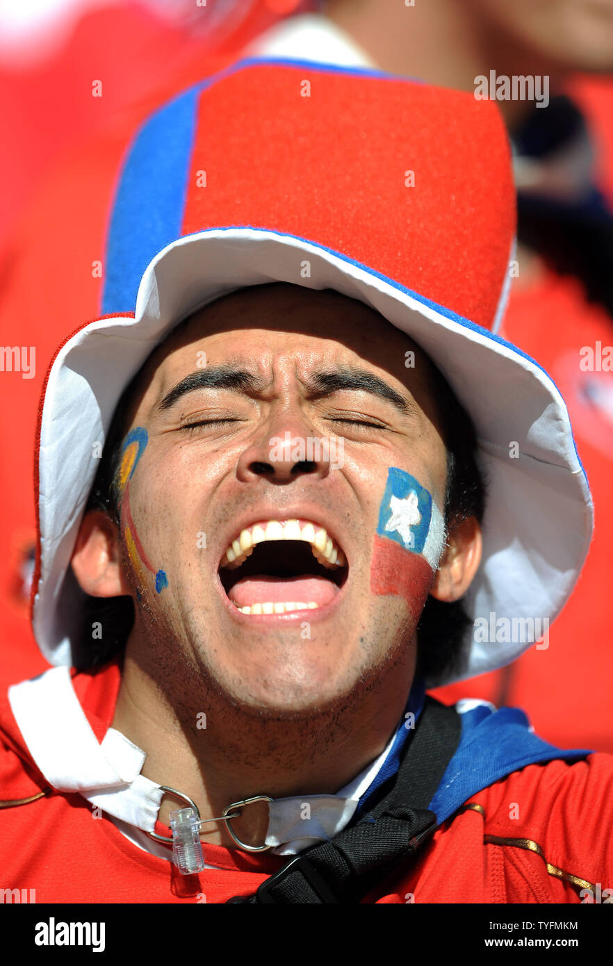 A Chile fan cheers his team on during to the Group H match at the Mbombela Stadium in Nelspruit, South Africa on June 16, 2010. UPI/Chris Brunskill Stock Photo