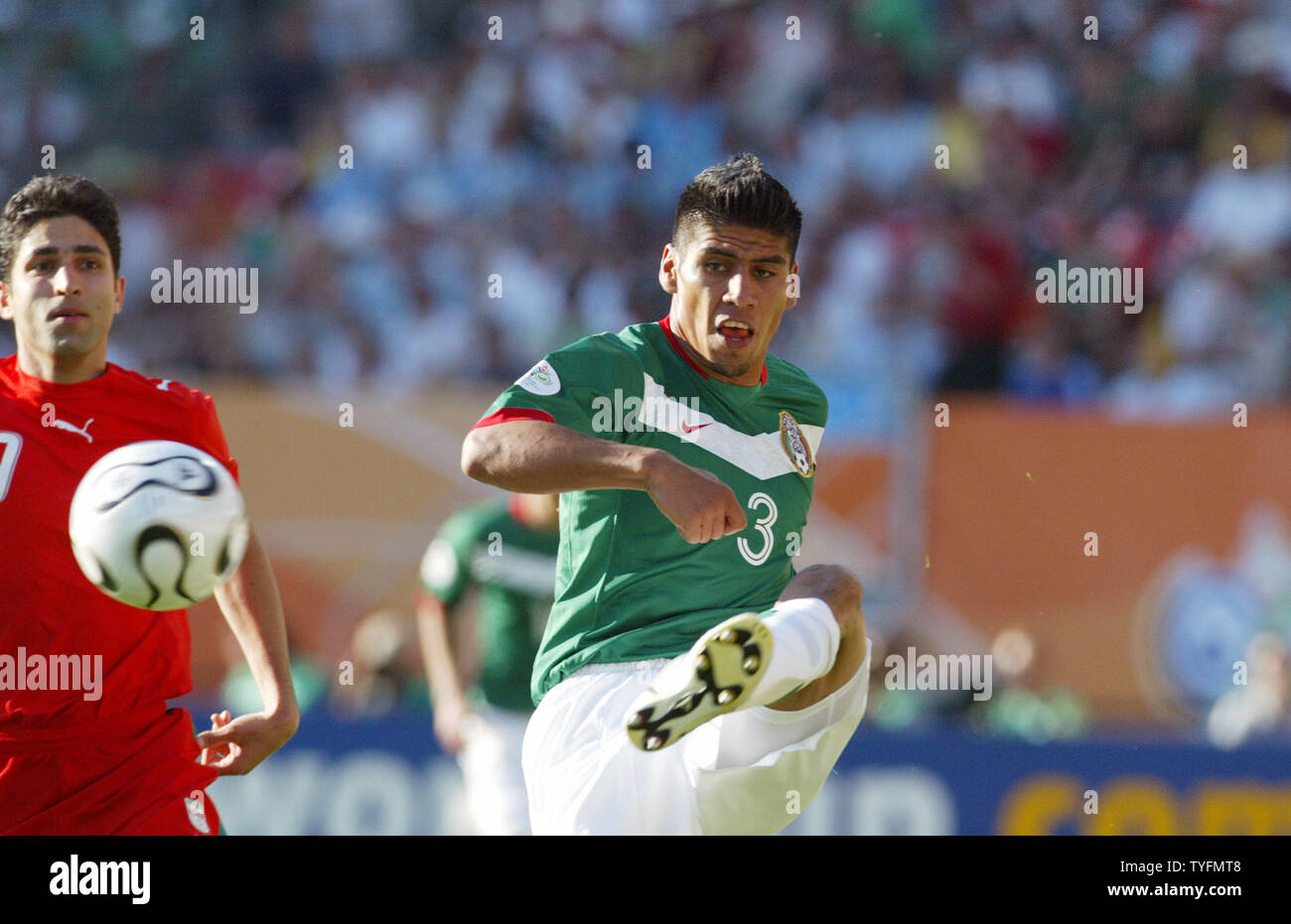Mexican player Carlos Salcido in a match in Nuernberg vs Iran. Mexico wins 3-1 in Nuernber, Germany on June 11, 2006.  (UPI  Photo / Arthur Thill) Stock Photo