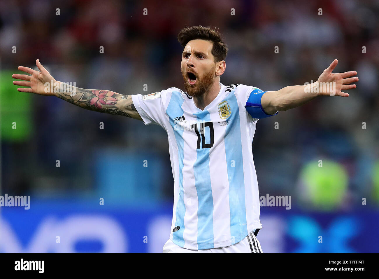Lionel Messi of Argentina reacts during the 2018 FIFA World Cup Group D match at the Nizhny Novgorod Stadium in Nizhny Novgorod, Russia on June 21, 2018. Photo by Chris Brunskill/UPI Stock Photo