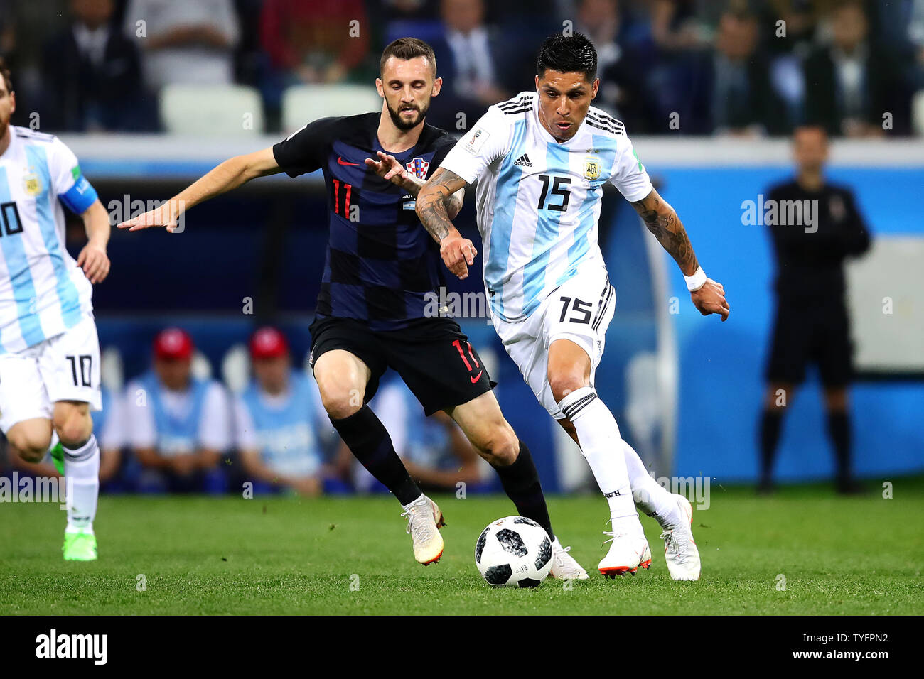 Enzo Perez of Argentina (R) in action with Marcelo Brozovic of Croatia during the 2018 FIFA World Cup Group D match at the Nizhny Novgorod Stadium in Nizhny Novgorod, Russia on June 21, 2018. Photo by Chris Brunskill/UPI Stock Photo