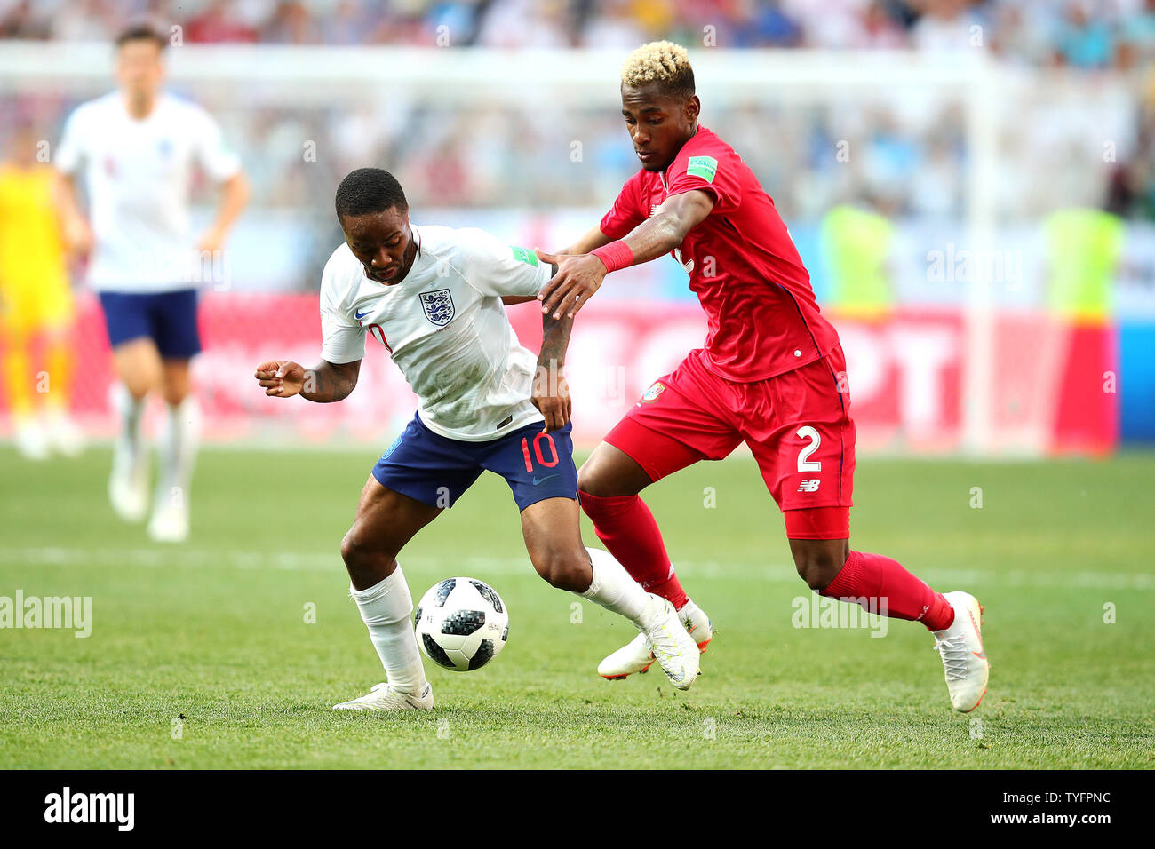 Raheem Sterling (L) of England competes for the ball with Michael Murillo of Panama during the 2018 FIFA World Cup Group G match at the Nizhny Novgorod Stadium in Nizhny Novgorod, Russia on June 24, 2018. Photo by Chris Brunskill/UPI Stock Photo
