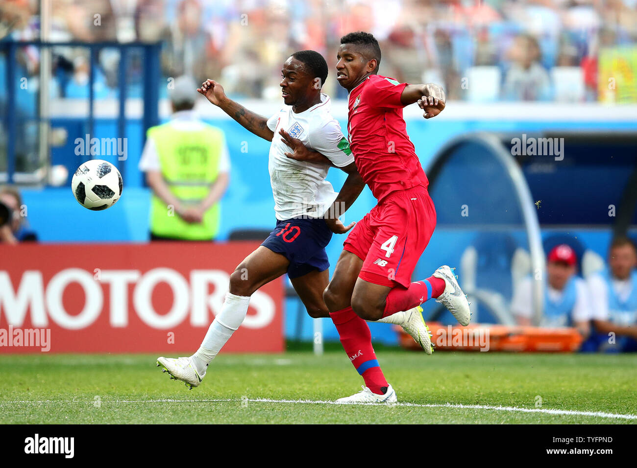 Raheem Sterling (L) of England competes for the ball with Fidel Escobar of Panama during the 2018 FIFA World Cup Group G match at the Nizhny Novgorod Stadium in Nizhny Novgorod, Russia on June 24, 2018. Photo by Chris Brunskill/UPI Stock Photo