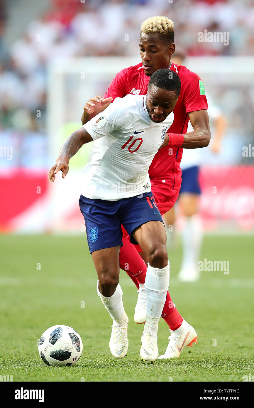 Raheem Sterling (L) of England is challenged by Michael Murillo of Panama during the 2018 FIFA World Cup Group G match at the Nizhny Novgorod Stadium in Nizhny Novgorod, Russia on June 24, 2018. Photo by Chris Brunskill/UPI Stock Photo