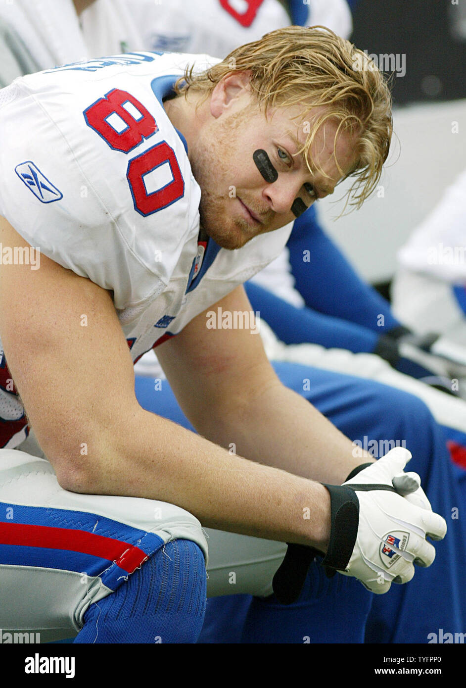 New York Giants tight end Jeremy Shockey reacts on the sidelines in week 13  at Giants Stadium in East Rutherford, New Jersey on December 4, 2005. The New  York Giants defeated the