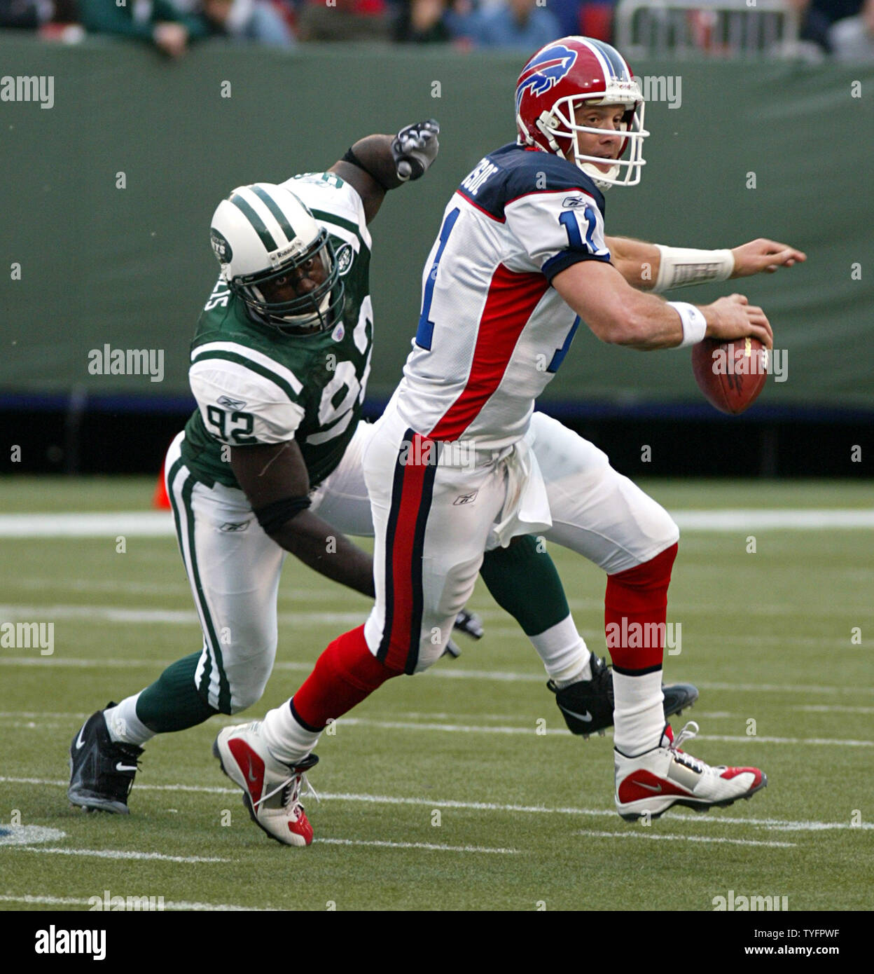 Buffalo Bills quarterback Drew Bledsoe looks angry at the start of the  second half. The New York Jets defeated the Buffalo Bills 16 to 14 at  Giants Stadium in East Rutherford, New