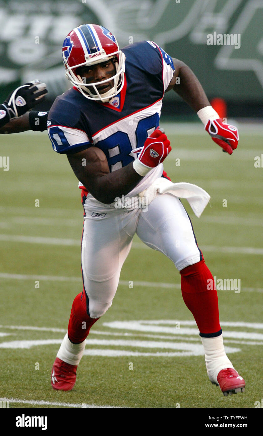 Buffalo Bills wide receiver Eric Moulds runs off the line at the snap. The New York Jets defeated the Buffalo Bills 16 to 14 at Giants Stadium in East Rutherford New Jersey