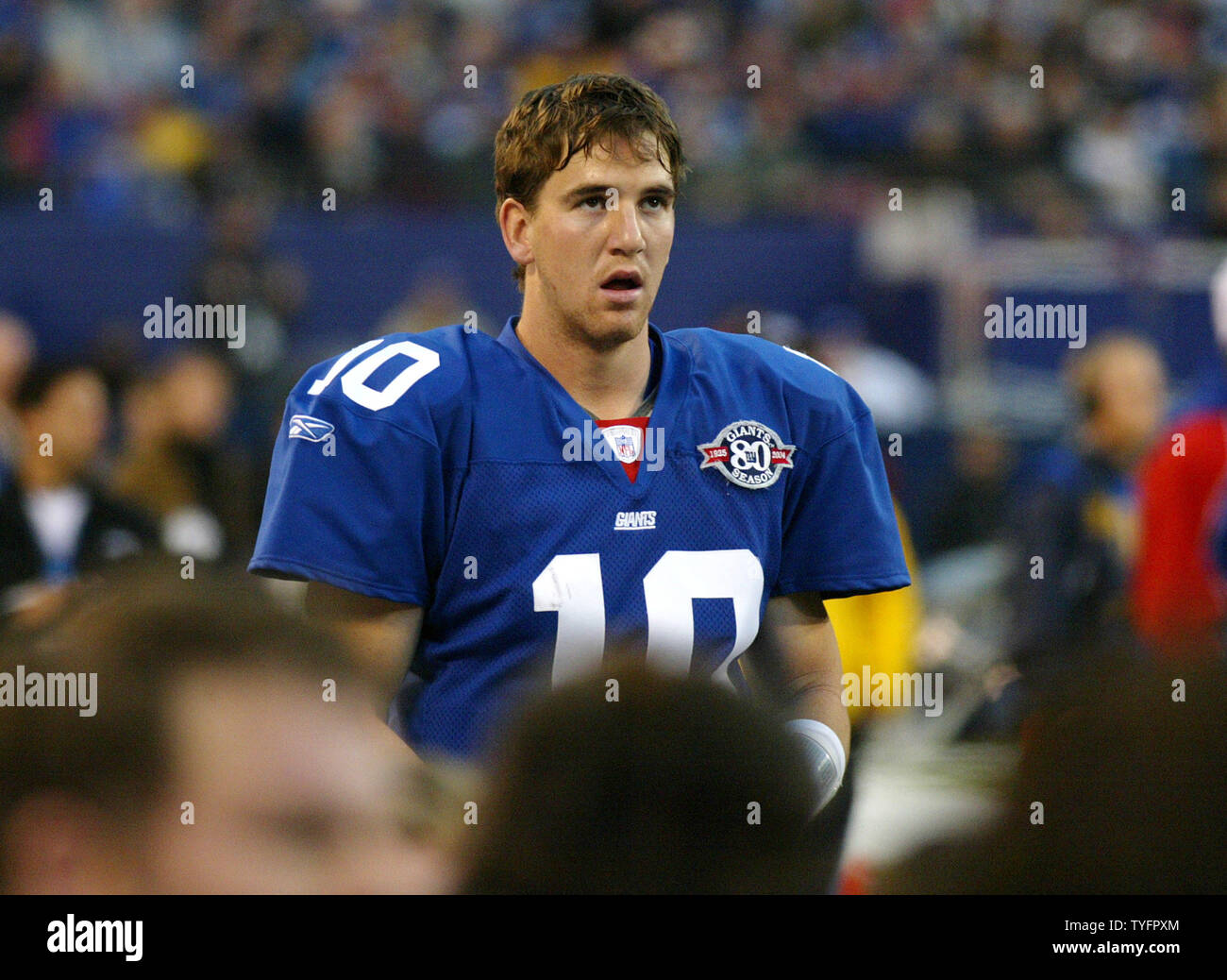 New York Giants quarterback Eli Manning looks confused on the sidelines in  the first quarter. The Atlanta Falcons defeated the New York Giants 14 to 7  at Giants Stadium in East Rutherford