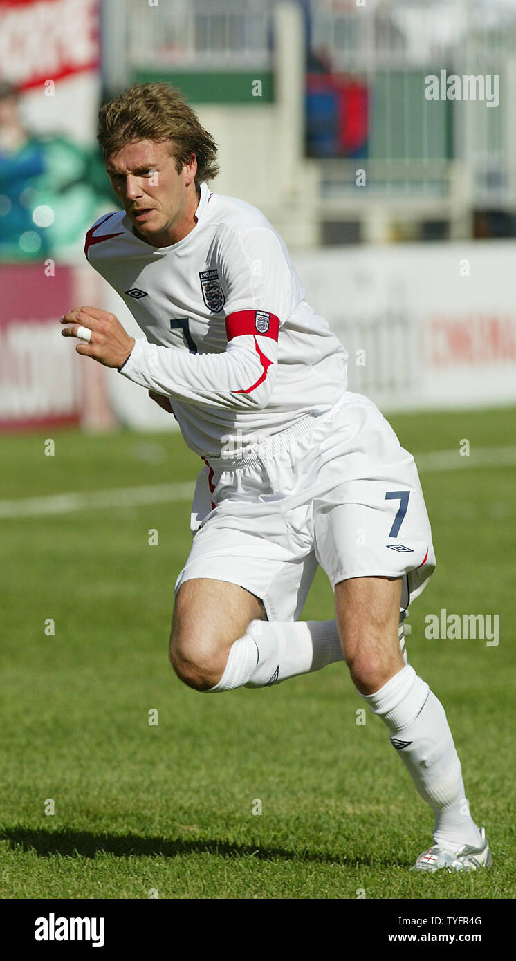 England's David Beckham on the field during the 2nd period of the England v. Colombia Exhibition Soccer Match at Giant's Stadium in New Jersey on May 31, 2005.   (UPI Photo/Laura Cavanaugh) Stock Photo
