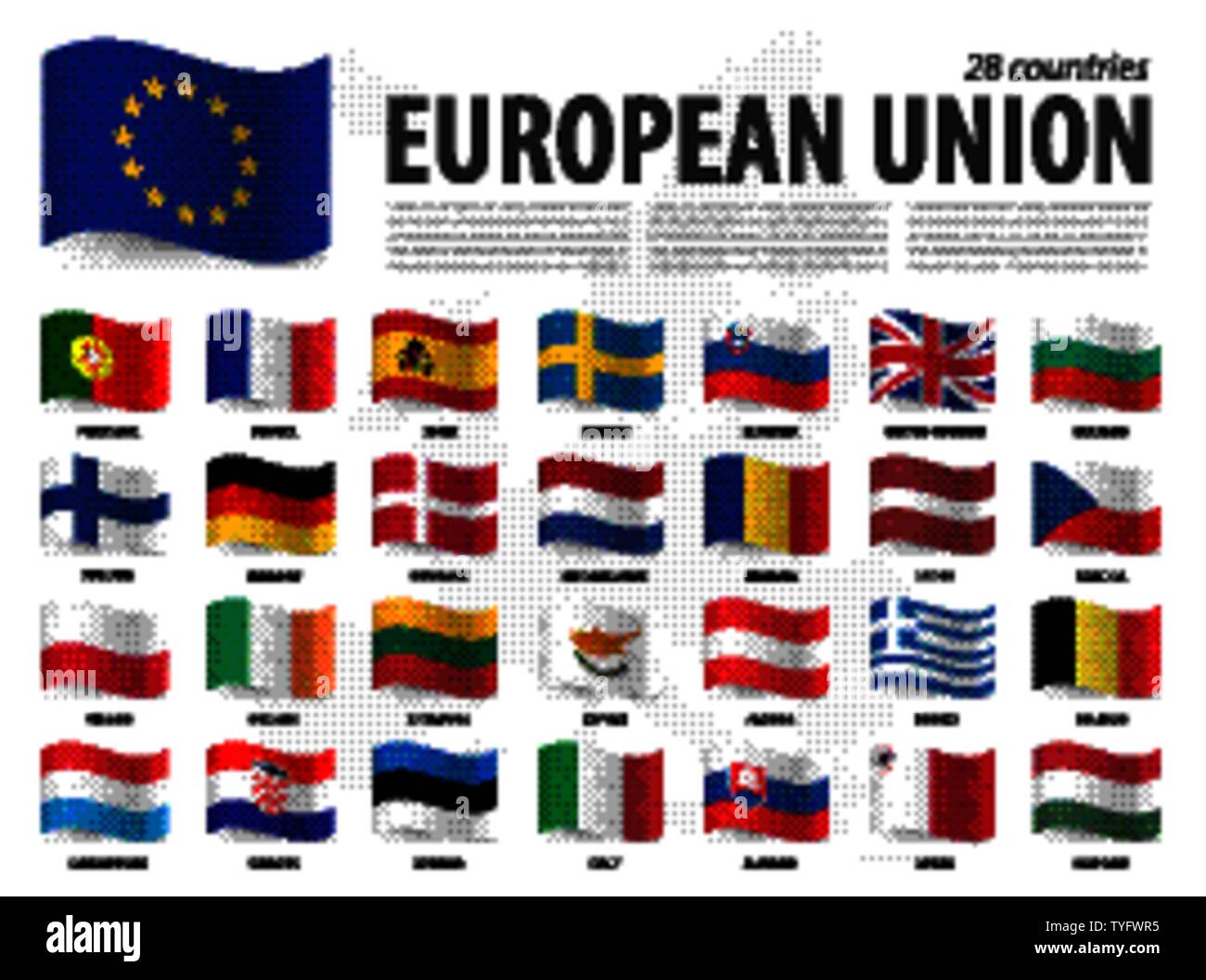 European union flag ( EU ) and membership on europe map background . Waving flag design . Vector . Stock Vector