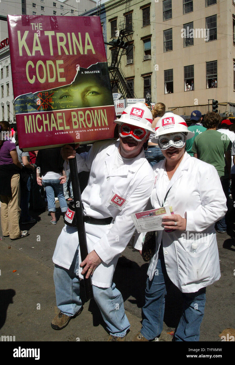 Spoofing  Michael Brown, the disgraced former director of the Federal Emergency Management Agency, Maurice and Nancy Trosclair costume on Canal Street in  New Orleans on Mardi Gras, February 28, 2006.  Six months after Hurricane Katrina wrecked the region, somewhat smaller but enthusiastic crowds turned out to celebrate Fat Tuesday. (UPI Photo/A.J. Sisco) Stock Photo