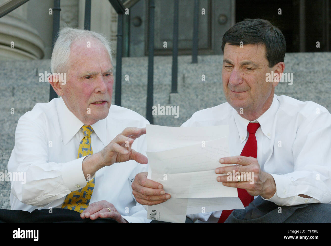 Former Longtime New Orleans District Attorney Harry Connick Sr L Chats With Ron Forman Audubon Institute Ceo And Candidate For Mayor Of New Orleans On The Steps Of The Orleans Parish Criminal