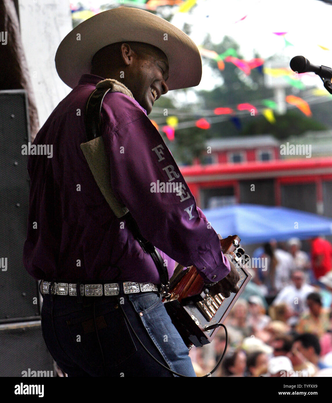 Gene Delafose performs during the 2006 New Orleans Jazz & Heritage Festival at the New Orleans Fair Grounds May 7, 2006. The festival is the first major musical event to be held in New Orleans since Hurricane Katrina devastated the area last year, leaving vast areas of the city still uninhabitable.   (UPI Photo/Judi Bottoni) Stock Photo