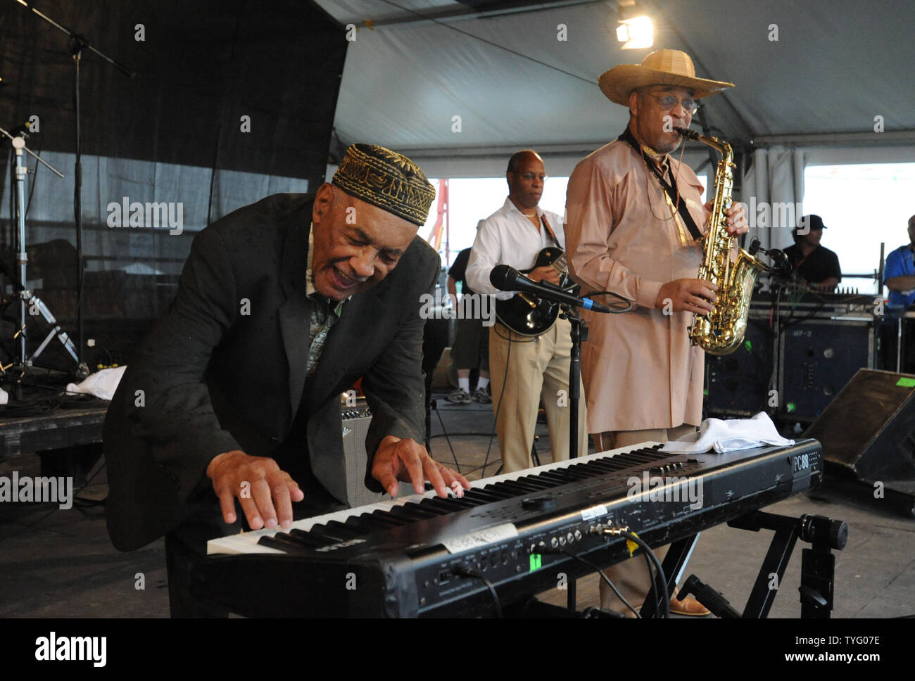 New Orleans legend Eddie Bo plays the keyboard as he entertains the crowd at the Fais Do Do stage of the 2008 New Orleans Jazz and Heritage Festival in New Orleans on April 26, 2008. The Jazz Fest is a 10-day cultural feast in which thousands of musicians, cooks and craftspeople welcome 400,000 visitors each year.  (UPI Photo/Pat Benic) Stock Photo