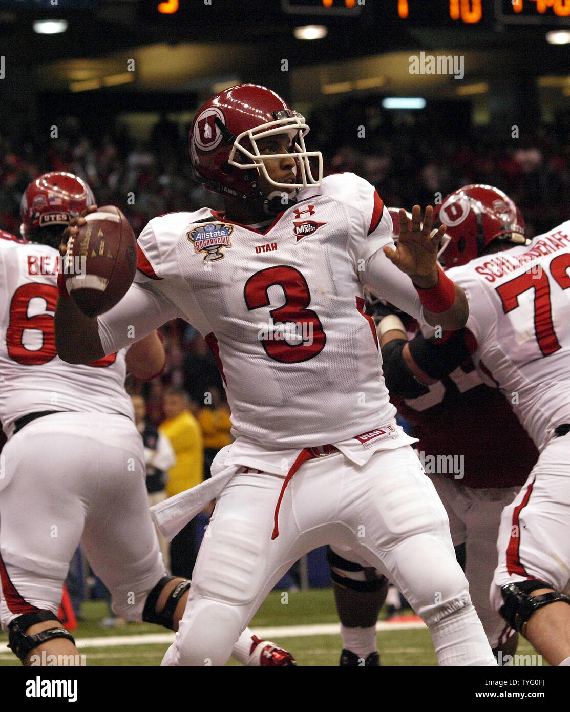 Utah quarterback Brian Johnson takes aim at a receiver in the third quarter of the Allstate Sugar Bowl at the Superdome in New Orleans on January 2, 2009. Johnson was named MVP of the game.      (UPI Photo/Dave Fornell) Stock Photo