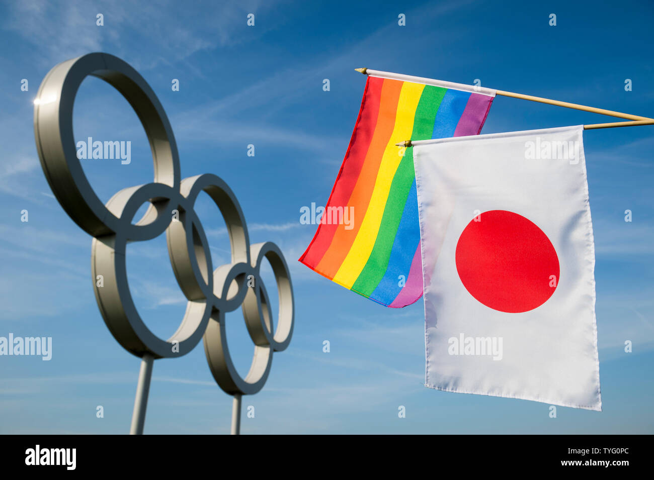 LONDON - MAY 4, 2019: A rainbow colored gay pride flag hangs together ...