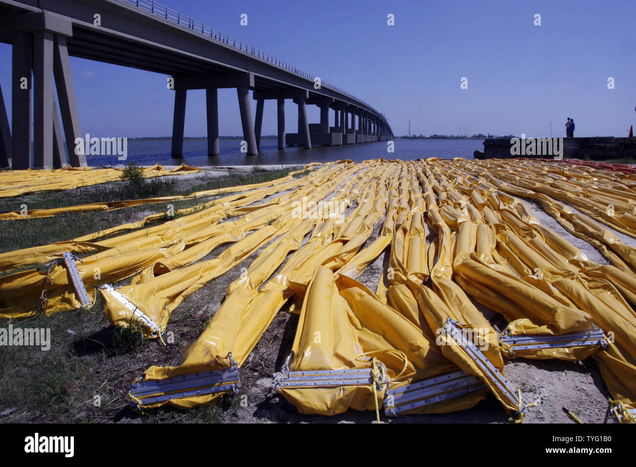 Miles of oil boom lie waiting to be deployed across the Rigolets in New  Orleans, which connects Lake Pontchartrain with coastal waters and the Gulf  of Mexico, May 4, 2010. Officials are