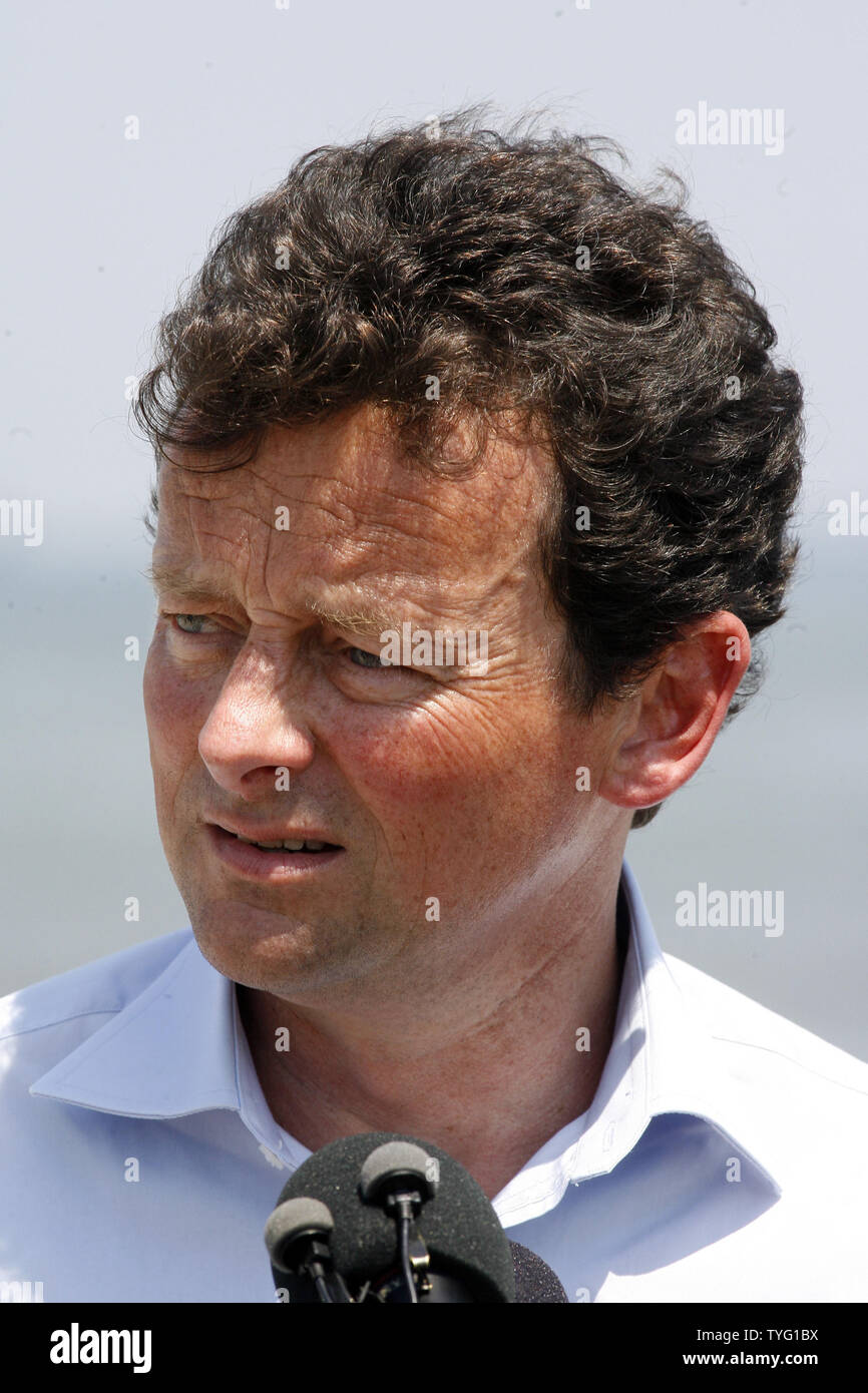 BP CEO Tony Hayward speaks at a press conference on the beach at Port