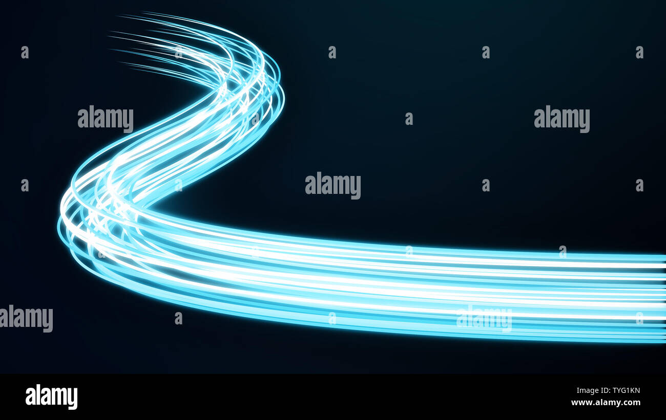 Abstract futuristic dynamic cyan neon stream. Digital data flow lines with power optical light cable. Connectivity and information transfer technology Stock Photo
