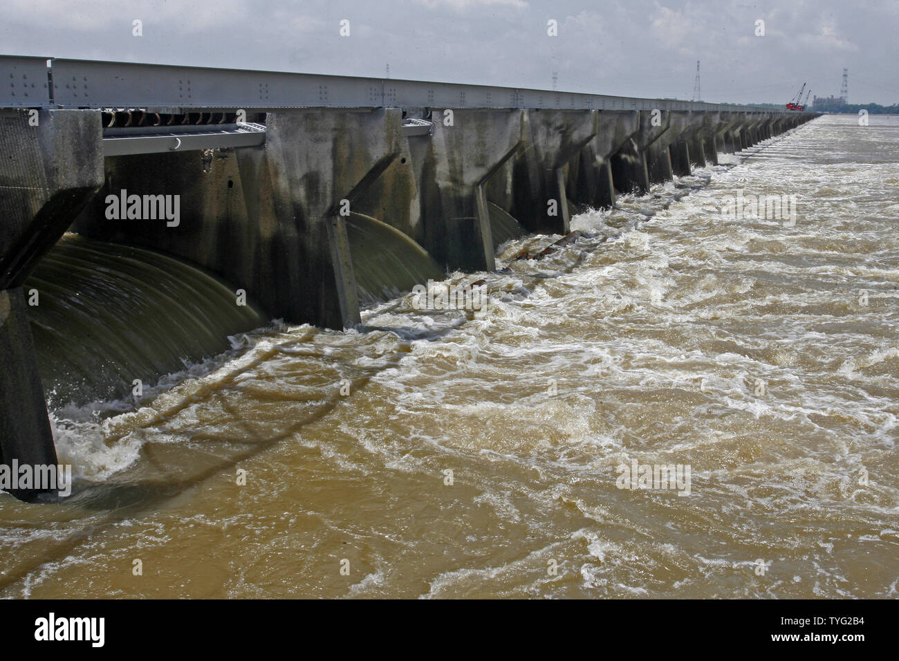 The swollen Mississippi River pours though the CarrŽ Spillway in